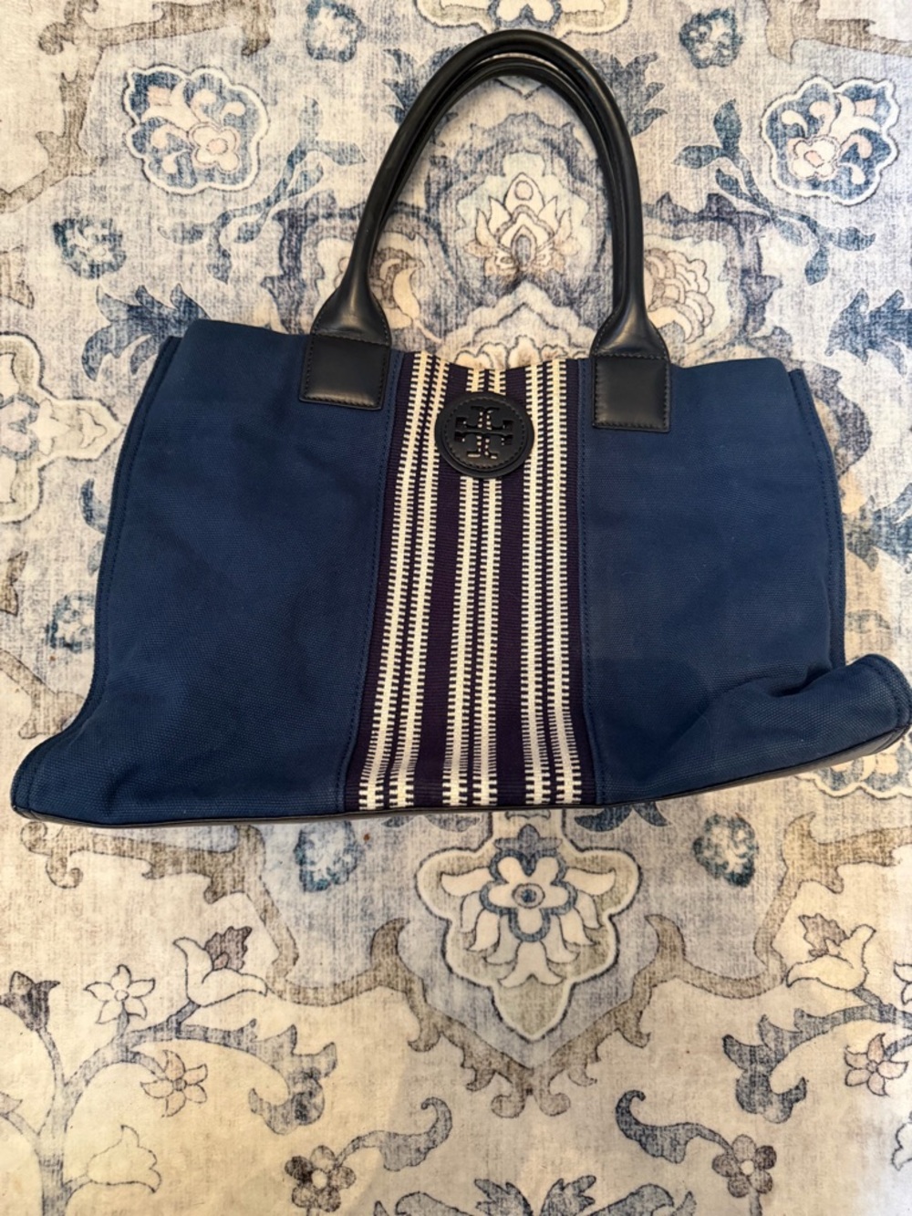 Tory Burch Navy Canvas Tote with Striped Center and Black Handles